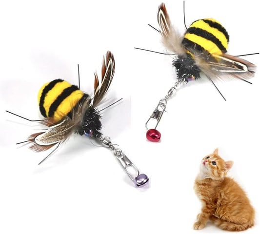Cat Insect Feather Toys Replacement - 2 Pcs Handmade Natural Bees - Cat Toy Wand Refills - Interactive Kitten Teaser Wand Attachments - Cat Toys for Indoor Cats Play