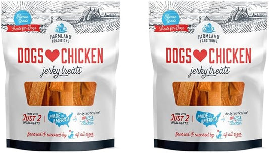 Farmland Traditions Dogs Love Chicken Jerky Dog Treats, Premium Two-Ingredient Dog Jerky with USA-Raised, Human-Grade Chicken & No Antibiotics Ever, 1-Pound Bag (Pack of 2)