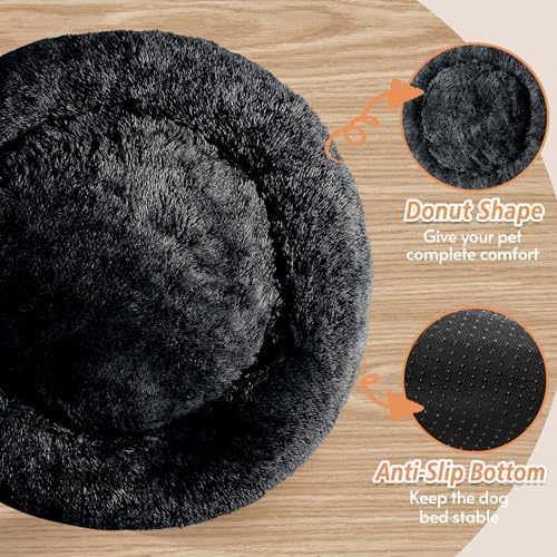 JOLLYVOGUE Calming Dog & Cat Bed for Large Dogs, Anti-Anxiety Donut Cuddler Cozy Soft Round Bed with Anti-Slip Bottom, Fluffy Faux Fur Plush Cushion Beds for Medium Dogs (36")