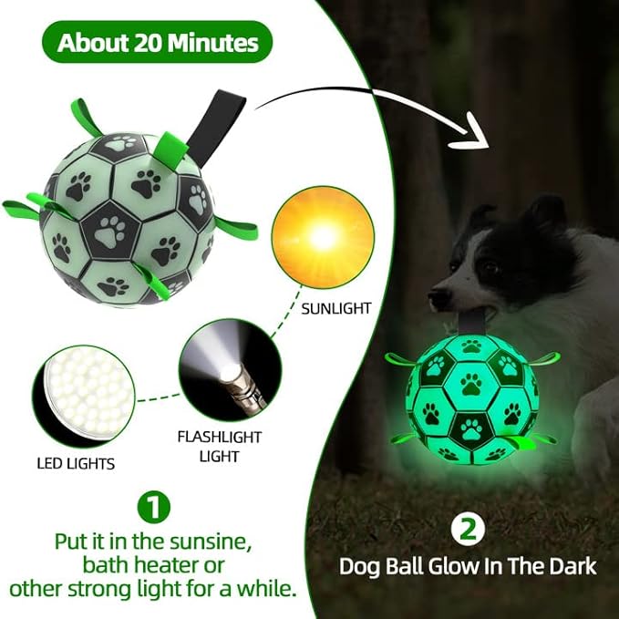 QDAN Premium Dog Ball, Glow in The Dark Dog Toys, Light Up Soccer Ball for Dogs, Outdoor Dog Toys, Doggy Water Toy, Puppy Birthday Gifts for Small Medium (6 Inch)