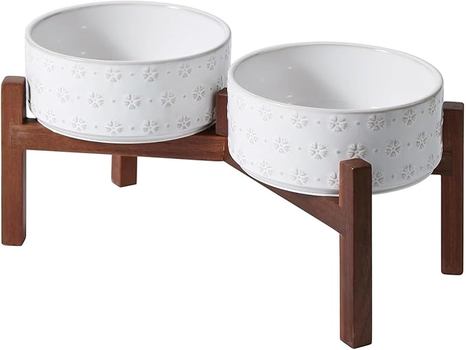 SPUNKYJUNKY Ceramic Dog Bowls with Acacia Wood Stand - Raised Dog Food and Water Bowl Set for Small to Medium Dogs (18.5cm)