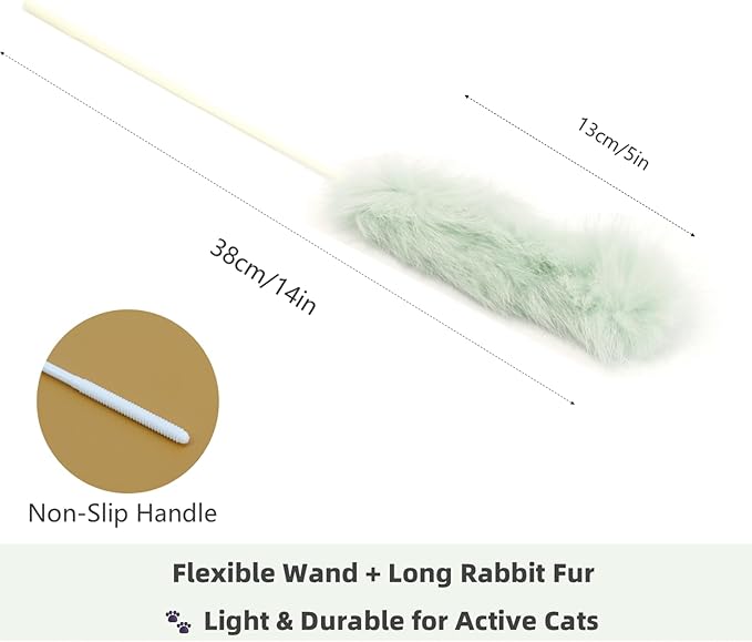 Rabbit Fur Cat Toys – 5PCS Interactive Cat Wand Toys for Indoor Cats, Soft Teaser Sticks for Play & Exercise, Natural Fur Cat's Teaser Set, 15" Long