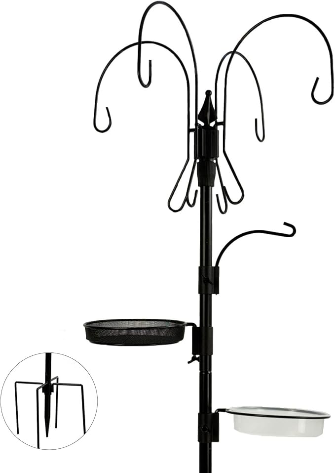 Bird Feeder Pole, 75 Inch 5 Hooks Heavy-Duty Feeder and Water Dispenser Shepherd, Bird Feeding Station with Ground Stake for Outdoors Shepherd Hook