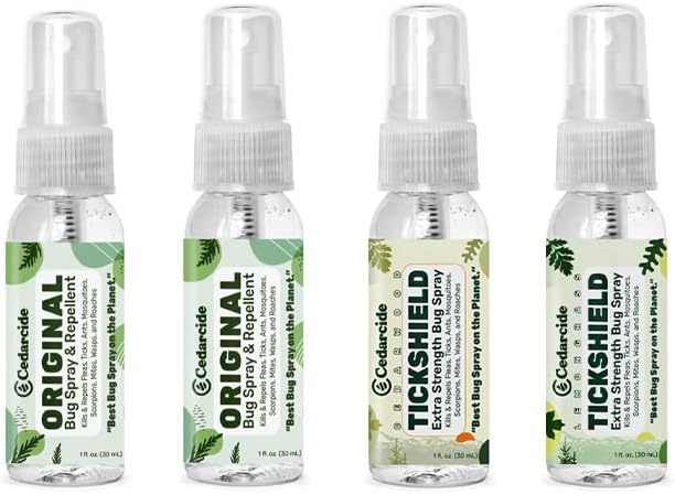 Cedarcide Original & Tickshield Family Pack | Natural Cedar & Lemongrass Oil Bug Spray | Eco-Friendly, Family-Safe Flea & Tick Repellent | Pack of 4, 1oz Spritzers