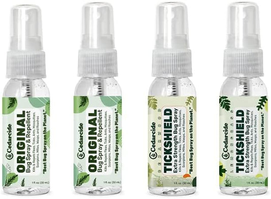 Cedarcide Original & Tickshield Family Pack | Natural Cedar & Lemongrass Oil Bug Spray | Eco-Friendly, Family-Safe Flea & Tick Repellent | Pack of 4, 1oz Spritzers