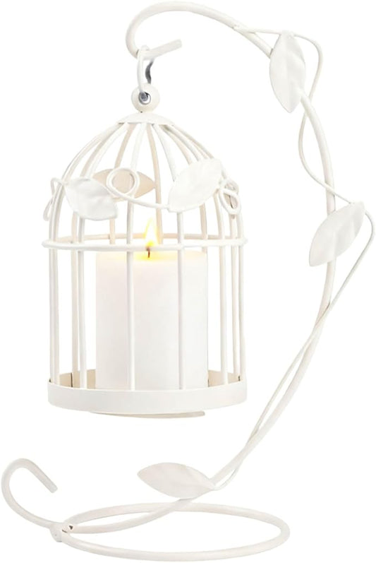 Birdcage Candle Holder, Hanging Candle Holder Decorative Bird Cages Bird Cage Decor Vintage Metal Candlestick for Wedding, Party(White)