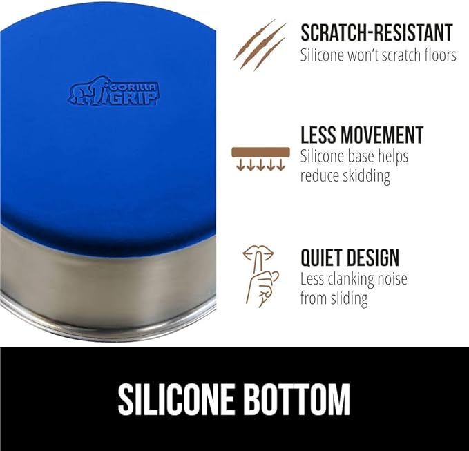 GORILLA GRIP Set of 2 Dog Bowls, Holds 4 Cups (32 fl oz), Heavy Duty Metal Food and Water Bowl for Feeding Dogs and Cats, Dishwasher Safe, Rust Resistant Stainless Steel, BPA Free Rubber Base, Blue