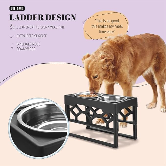 AVERYDAY Large Dog Bowls Elevated, 4 Height Adjustable Raised Dog Bowl Stand with 4 Stainless Steel Food and Water Bowls Set, Tall Dogs Feeding Station with Anti-Slip Base for Medium Large Breeds Dogs