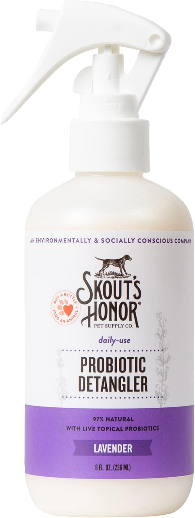 Skout's Honor Probiotic Pet Detangler Spray - Hydrating & Conditioning with Avocado Oil, 97% Natural, Paraben & Sulfate-Free, softens for a More brushable Coat, Daily Use, 8oz, Lavender