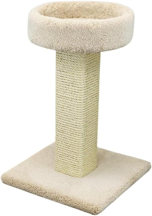French Flair Elevated Cat Scratch Post with Cat Bed, Compact and Stylish Elevated Cat Bed with Plush Carpet and Sisal Scratching Post, Perfect for Sleep and Play Light Tan
