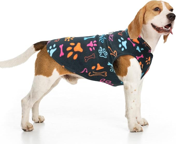 BEAUTYZOO Small Dog Sweater Fleece Vest Winter Jacket, D-Ring Leash Attachment for XS S Puppy Medium Sized Breeds Dogs, Cold Weather Dog Clothes Windproof Keep Warm, Black Bones Paw XL