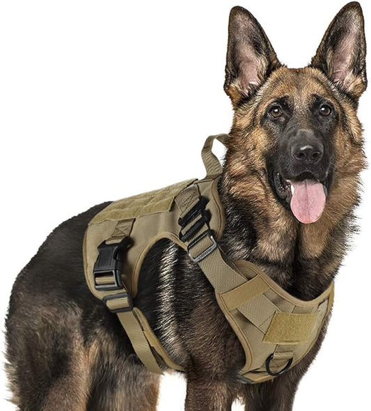 rabbitgoo Tactical Dog Harness Medium Sized, Heavy Duty Pet Harness with Handle, No-Pull Service Vest Medium Breed, Adjustable Military Dog Vest for Training Hunting Walking, Brown, M