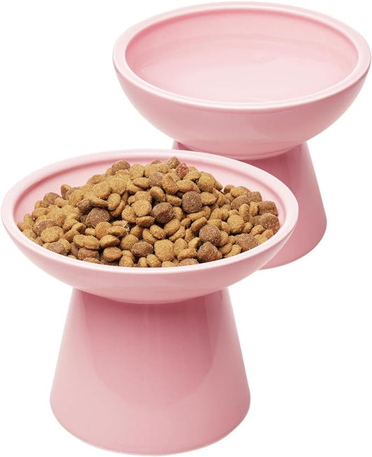 2 Elevated Cat Bowls Extra Wide for Food & Water – Whisker Fatigue, Ceramic Wide Shallow Food Dish, Lead & Cadmium Free, Raised Height for Cats, Pink