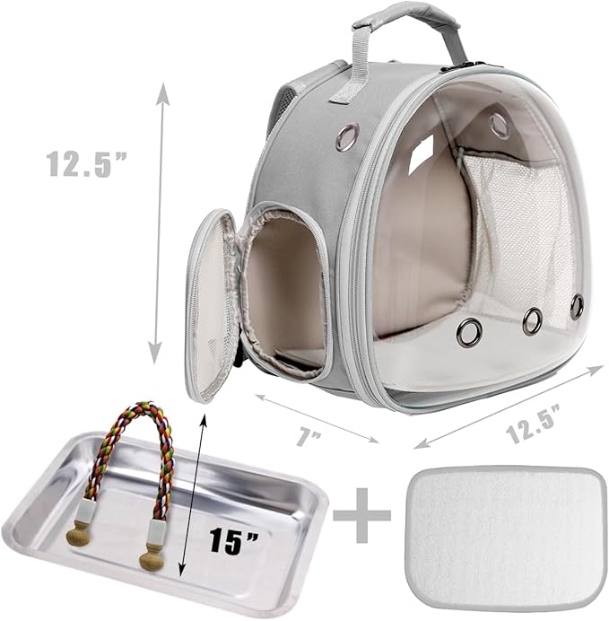 Small Bird Travel Backpack Carrier Cage, Backpack to Transport Backpack Carrier with Metal Tray Stand Perch for Parakeet Cockatiel Budgies Vet Carry Book Bag Grey