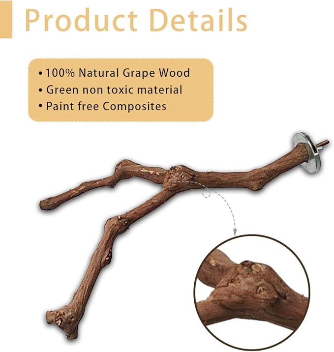 PINVNBY 2Pcs Wood Perches for Bird Cage,Natural Parrot Stand Branch Parakeet Paw Grinding Sticks Standing Grape Pole for Lovebirds Budgies Cockatiels Finches