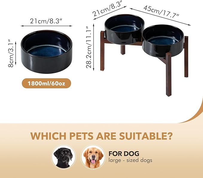 Ceramic 8.2inch Raised Double Dog Bowls Set with Acacia Wood Stand, Food & Water Bowls for Large Breed Dogs, Weighted Pet Dishes(60oz, Starry Sky)