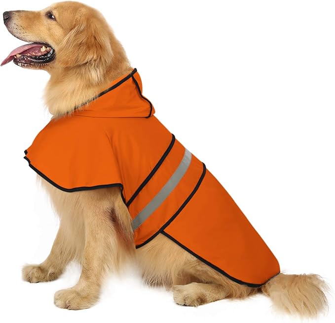 HDE Dog Raincoat Jacket Reflective Adjustable Hooded Pet Poncho Rain Coat with Leash Hole for Small to X-Large Dogs Safety Orange - L