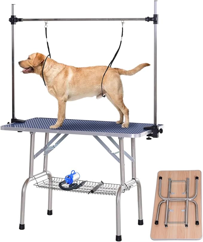 Dog Pet Grooming Table for Large Dogs Adjustable Height Heavy Duty Professional Portable Trimming Table with Arm/Noose/Mesh Tray, Maximum Capacity Up to 330 LBS, 42''/Blue