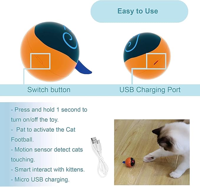 Migipaws Interactive Cat Ball Toy Set, Fun Tracker, Automatic Rolling Chase Ball with Fluffy Tail, A Small Mice, Rechargeable (Orange)
