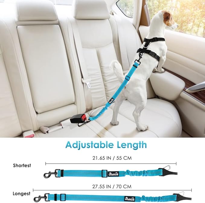 SlowTon Dog Seat Belt, Adjustable Dog Safety Belt Leash, 2 in 1 Latch Bar Attachment Dogs Car Seatbelt with Elastic Nylon Bungee Buffer, Reflective Nylon Belt Tether Connect to Dog Harness (Blue)