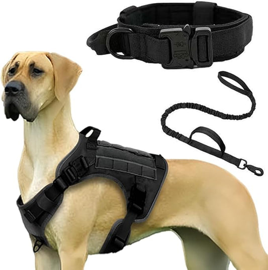 Tactical Dog Harness with Handle Collar and Leash Set Dog Vest Harness No Pull Dog Harness with Patches Adjustable Buckles for Dogs (Black, Extra Large)