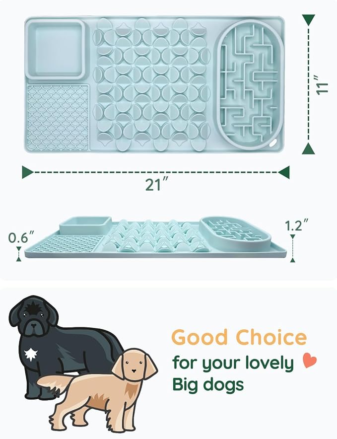 Slow Feeder Bowl for Large dog, Silicone Lick Mat & Snuffle Mat with Suction Cups - Interactive Puzzle Feeder to Slow Eating & Keep Busy, Reduce Vomiting & Relieve Boredom (21"x 11" Mint Green)