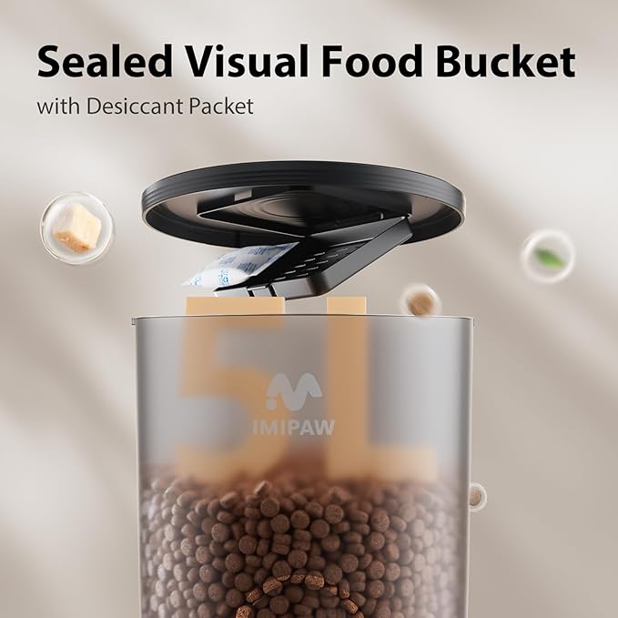 IMIPAW 5L Automatic Cat Feeder with Camera, 1080P HD AI Pet Recognition Recording, 5G WiFi APP Remote Control, Timed Programmable Food Dispenser, Two-Way Audio, Night Vision Function with Desiccant