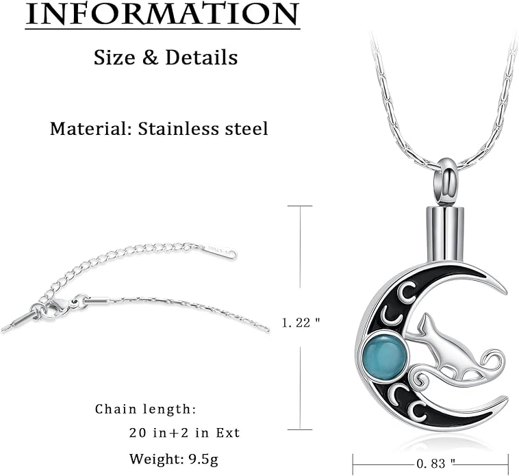 constantlife Cat Moon Urn Necklace for Women Pet Cremation Jewelry for Ashes Stainless Steel Pendant Funeral Keepsake Loved Ones Memorial Gift