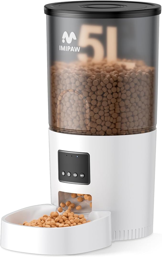 IMIPAW Automatic Cat Feeder, 5L Pet Dry Food Dispenser with Timed Programmable Portion Control, Dual Power Backup, with Desiccant Bag, 1-10 Meals, Easy Set Up, 10 Meals Per Day for Cats and Puppies