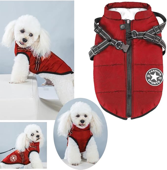 Aiboria Dog Jacket Coat Windproof Jackets Warm Pet Vest Fleece Dog Sweater Padded Vest with Chest Strap Harness Red XXL