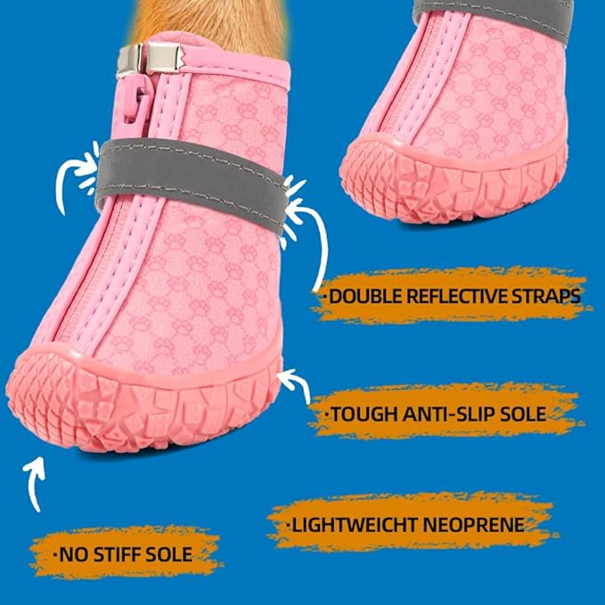 Dog Shoes for Small Dogs, Waterproof Dog Boots Paw Protector for Hot Pavement Winter Snow, Dog Booties with Reflective Strips Rugged Anti-Slip Sole for Hardwood Floors Outdoor Walking Pink Size 1