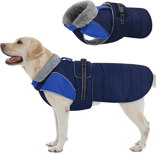Nanaki Large Dog Coat for Winter Waterproof, Warm Fleece Lining Reflective Large Dog Jacket with Leash Hole, Furry Collar Cold Weather Puppy Vest Outdoor Walking Hunting Easy On Pet Snowsuit Blue 2XL