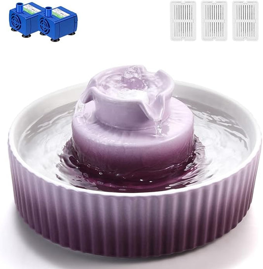 Ceramic Cat Water Fountain, 2.1L/71oz Cupcake Cat Fountain for Dog and Cat Indoor, 2 Ultra Quiet Pumps(Purple)