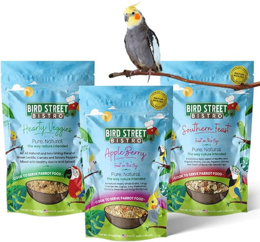 Cockatiel Food Sample 3 Pack - Cooks in 3-15 min w/Natural & Organic Grains - Healthy Non-GMO Fruits, Dried Vegetables, Health Orientated Spices