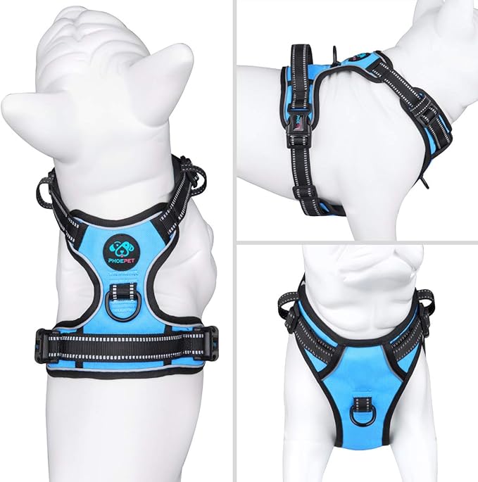 PHOEPET Reflective Dog Harness No Pull Large Breed Vest with 2 Metal Leash Attachment Hooks(L, Blue)