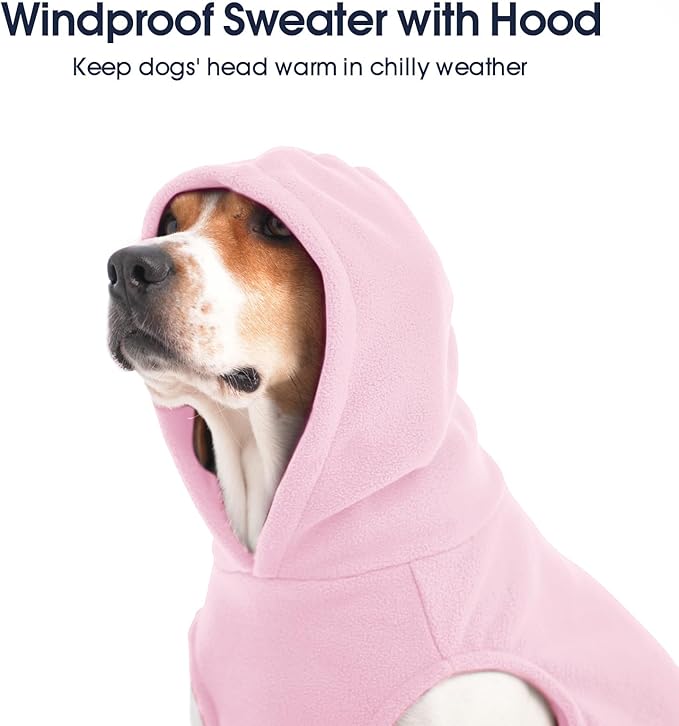 IECOii XL Dog Sweater & Pullover Hoodie for Large Dogs, Warm Fleece Layer with Hood for Cold Weather, Boys & Girls, Pink, Size XL