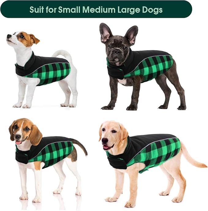 Kuoser Dog Winter Coat, Reversible Waterproof Dog Jacket with Reflective Strip, Warm Dogs Fleece Vest Adjustable Doggy Cold Weather Clothes Plaid Christmas Outfit Pet Apparel for Small Dogs, Green XS