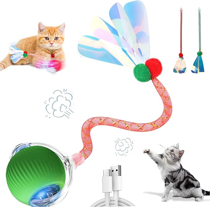 Interactive Cat Toys for Indoor Cats, Speedy Moving Ball Cat Toys with Colorful Tail, Smart Interactive Cat Rolling Ball (Green)