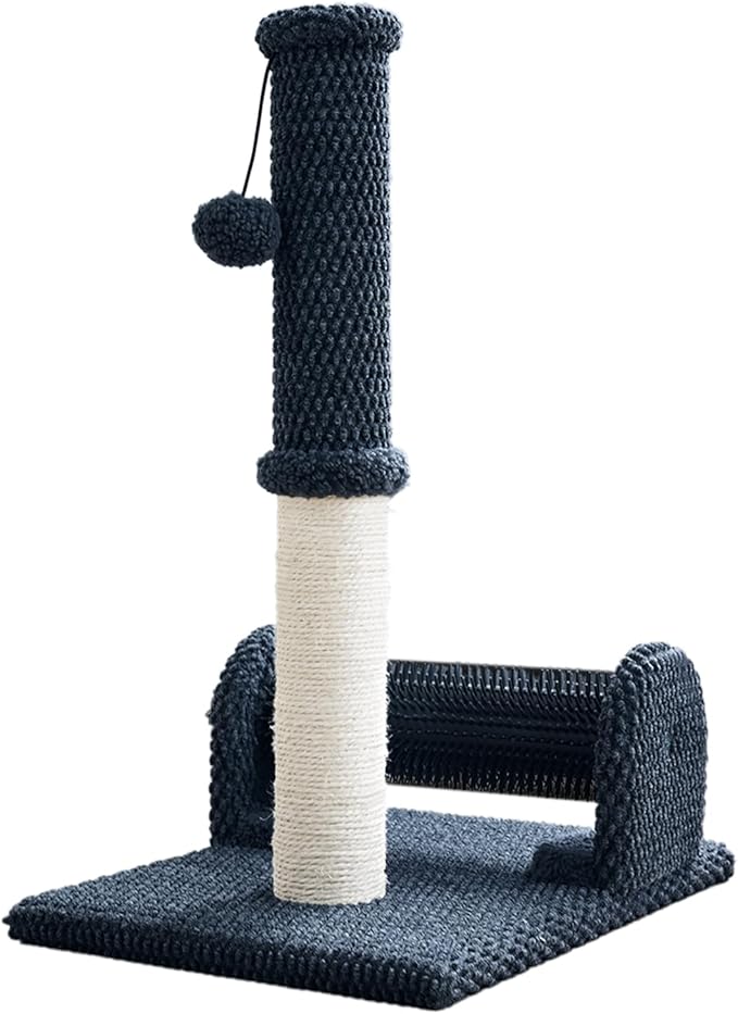 Cat Scratching Post with Cat Hair Brush & Interactive Ball, 22 Inch Sisal Cat Scratch Tower, Durable Thick Fabric Cat Scratcher for Indoor Cats, Kitten Exercise Play Furniture, Dark Grey