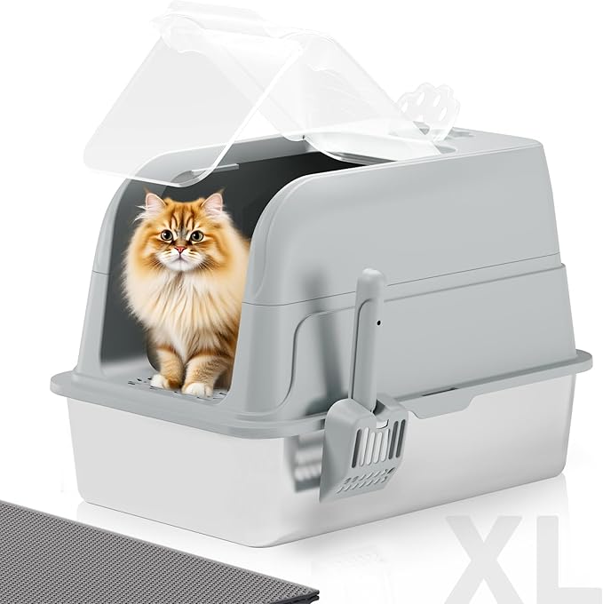 Stainless Steel Cat Litter Box Fully Enclosed, Extra Large Metal High Sided Cat Box with 120° Fully Transparent See-Through Flip Lid, Scoop & Mat - Grey - XL