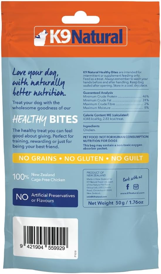 K9 Natural, Freeze-Dried Single Ingredient Dog Treats, High-Value, Low-Calorie Protein Bites for Active Dogs, Healthy Dog Training Treats, Grain-Free Reward, Chicken, 1.76oz (Pack of 2)