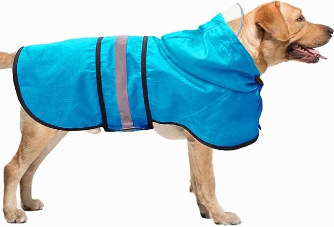 Dog Raincoat Waterproof Reflective Slicker - Lightweight Breathable Hooded Poncho Rain Coat Jacket with Adjustable Belly Strap and Leash Hole for Small Medium Large Dogs (Large, Blue)