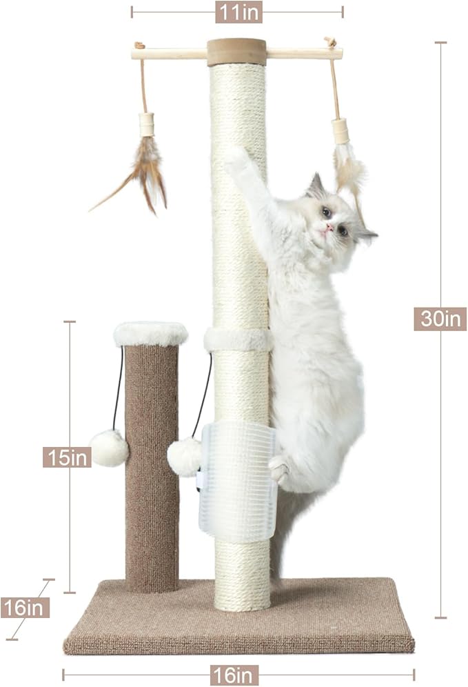 PAWSFANS Cat Scratching Post 30 Inches Tall Sisal Carpet Vertical Scratch Posts for Indoor Cats and Kittens,with Hanging Ball and Bursh Beige