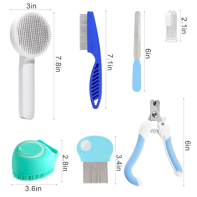 VCZONE 8 Pcs Cat Brush Grooming Kits, Pet Self Cleaning Kit with Pet Nail Clipper and File, Flea Comb, Pet Shampoo Bath Brush, Pet Shedding Brush, Silicone Toothbrush (Blue)
