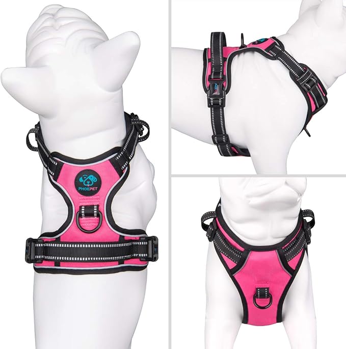 PHOEPET Reflective Dog Harness No Pull Large Breed Vest with 2 Metal Leash Attachment Hooks(L, Pink)