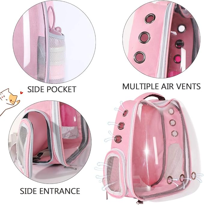 Pink Bird Backpack Carrier with Portable Bird Feeder Cups, Pet Bubble Carrier for Pet Birds, Airline-Approved, Ventilate Transparent Space Capsule Carrier Backpack for Travel, Hiking and Outdoor Use