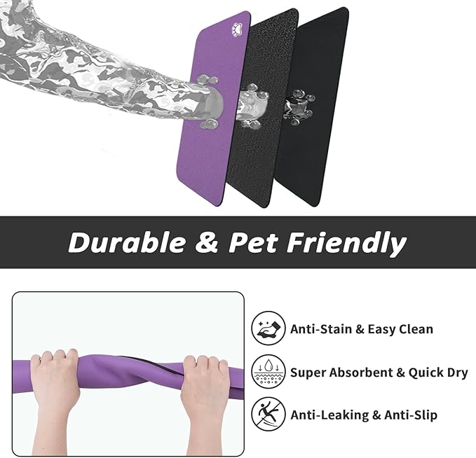 Pet Feeding Mat - Absorbent Dog Mat for Food and Water, No Stains Cat Bowl Mat, Easy to Clean Pet Placemats, Quick Dry Dog Water Dispenser Mat for Messy Drinkers | Paw Purple 24"x36"