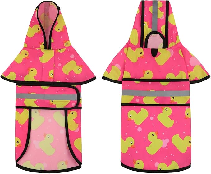 HDE Dog Raincoat Jacket Reflective Adjustable Hooded Pet Poncho Rain Coat with Leash Hole for Small to X-Large Dogs Pink Ducks - XL