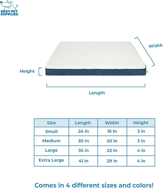 Best Pet Supplies Cute Dog Crate Mat Flat Bed with Waterproof Exterior, Thick Orthopedic Egg Foam Mattress, and Soft Sherpa Fleece Cover for Small, Medium, and Large Breeds - Blue, 35X22X4