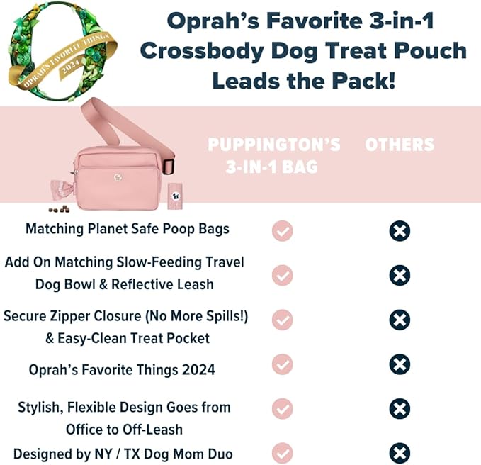 Puppington 3-in-1 Crossbody Dog Walking Bag & Treat Pouch with Matching Planet Safe Poop Bags & Built-In Dispenser - Zippered Pockets (Blush Pink)
